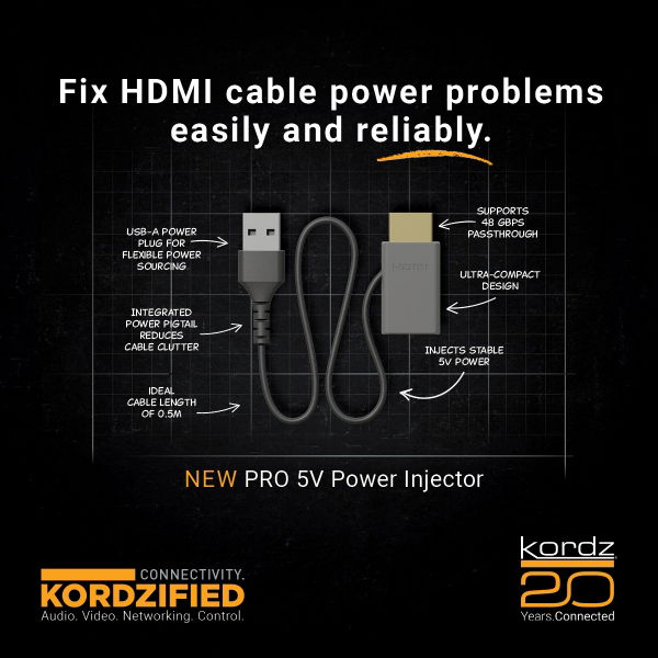 Kordz PRO HDMI 5V Power Injector 0.50m Grey 1PK